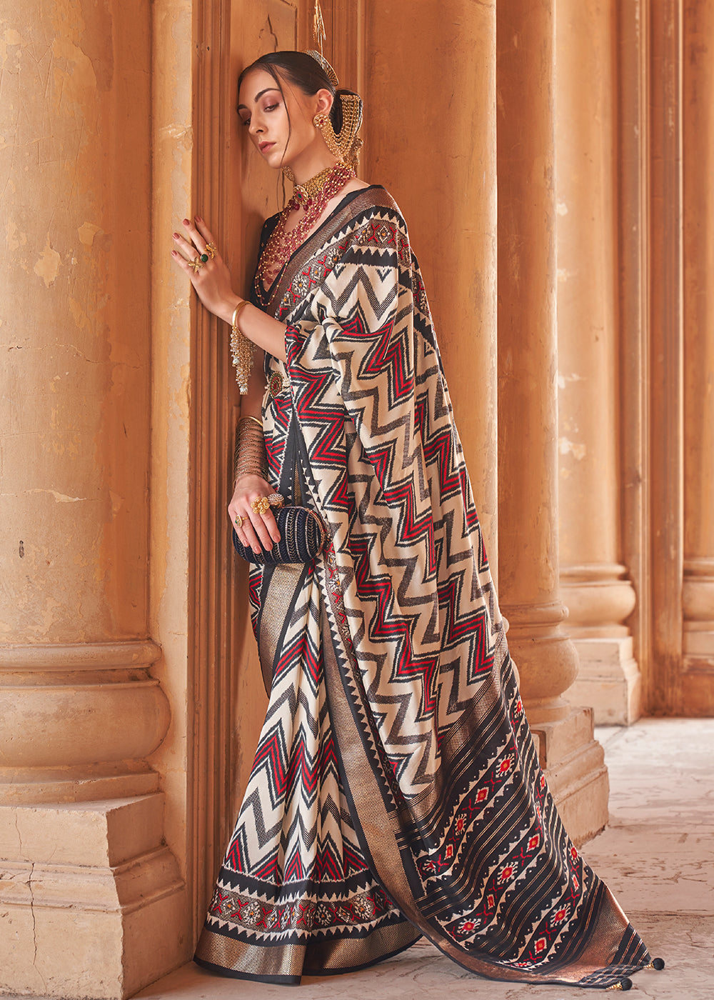Buy MySilkLove Saddle Black and White Designer Printed Patola Silk Saree Online