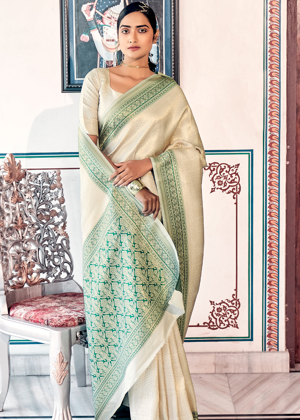 Buy MySilkLove Wheat White and Green Woven Kanjivaram Silk Saree Online