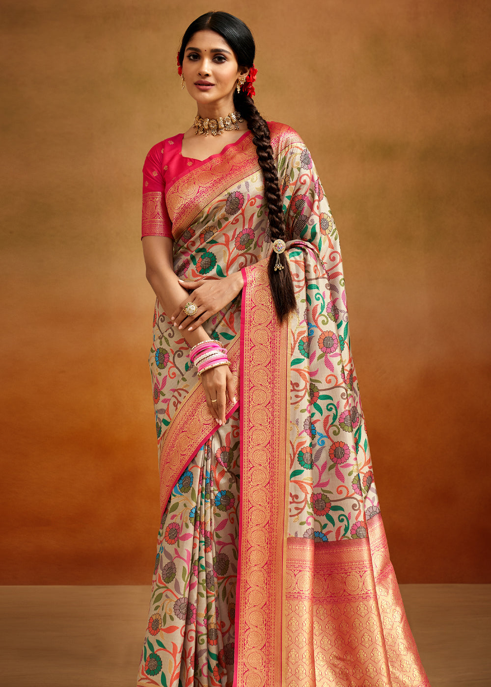 Buy MySilkLove Yuma Cream and Pink Woven Banarasi Kalamkari Silk Saree Online