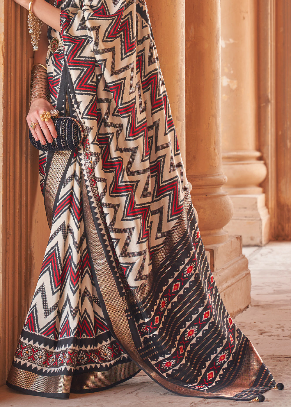 Buy MySilkLove Saddle Black and White Designer Printed Patola Silk Saree Online