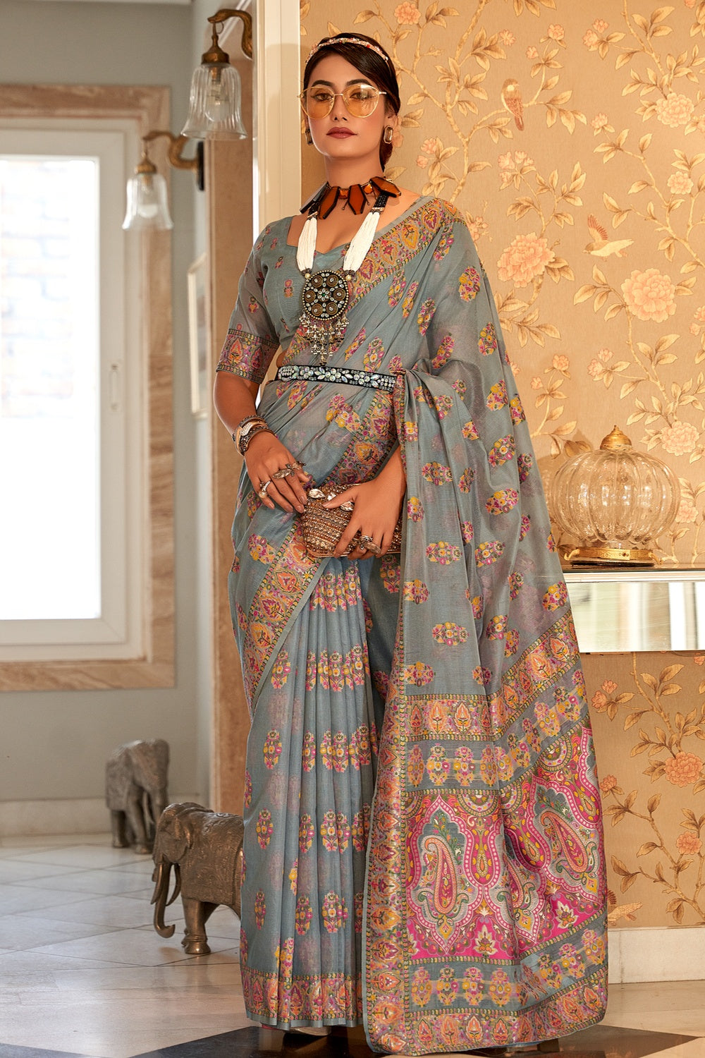 Buy MySilkLove Squirrel Grey Woven Pashmina Silk Saree Online