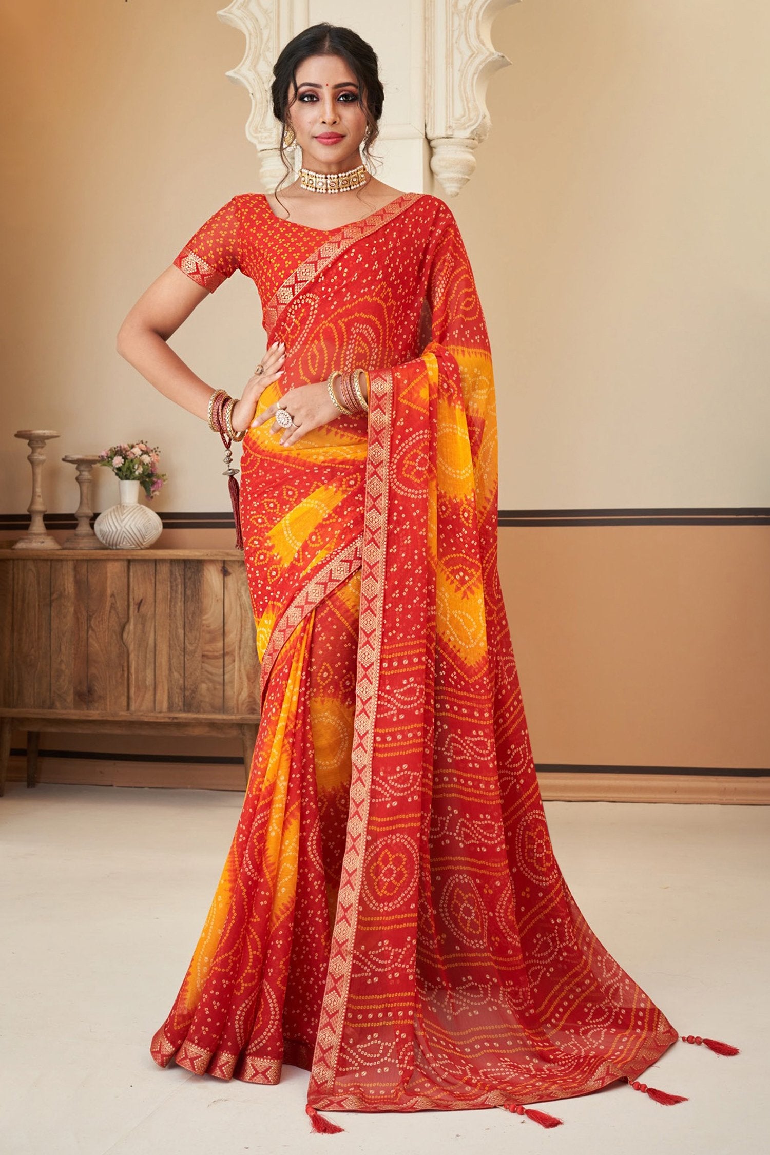 Buy MySilkLove Jelly Bean Red and Yellow Chiffon Bandhani saree Online