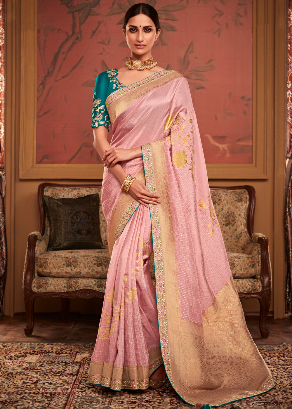 Pink Beautiful Banarasi Silk Woven Meenakari Designer Graceful Ethnic Saree