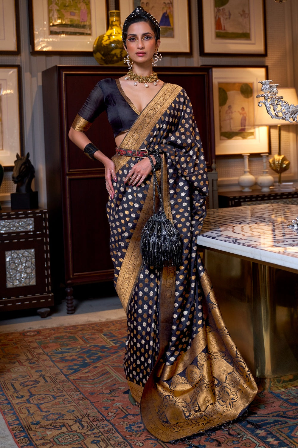 Buy MySilkLove Taupe Black Copper Zari Pure Banarasi Saree Online