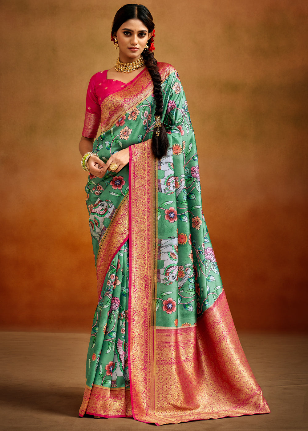 Buy MySilkLove Laurel Green and Pink Woven Banarasi Kalamkari Silk Saree Online