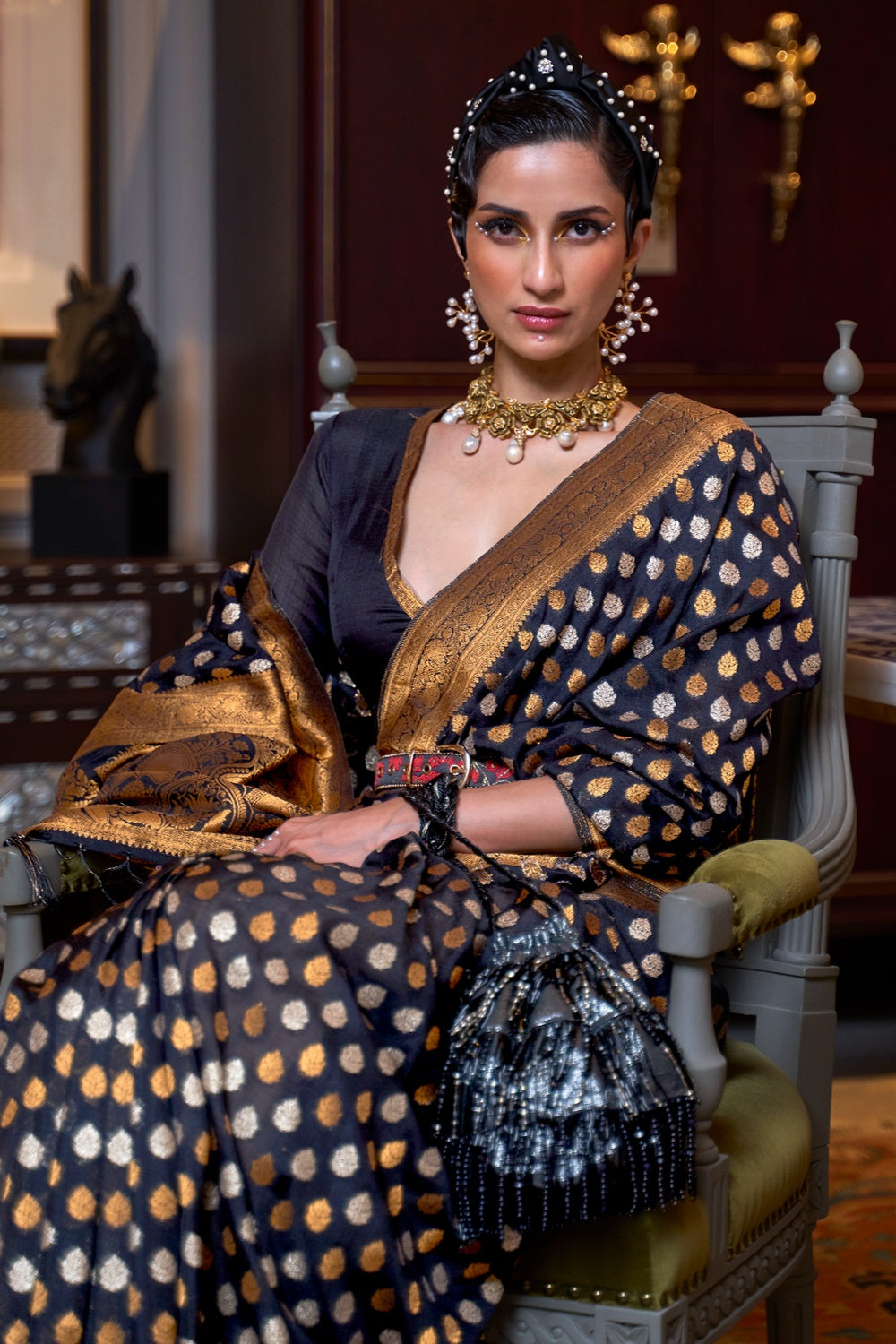 Buy MySilkLove Taupe Black Copper Zari Pure Banarasi Saree Online