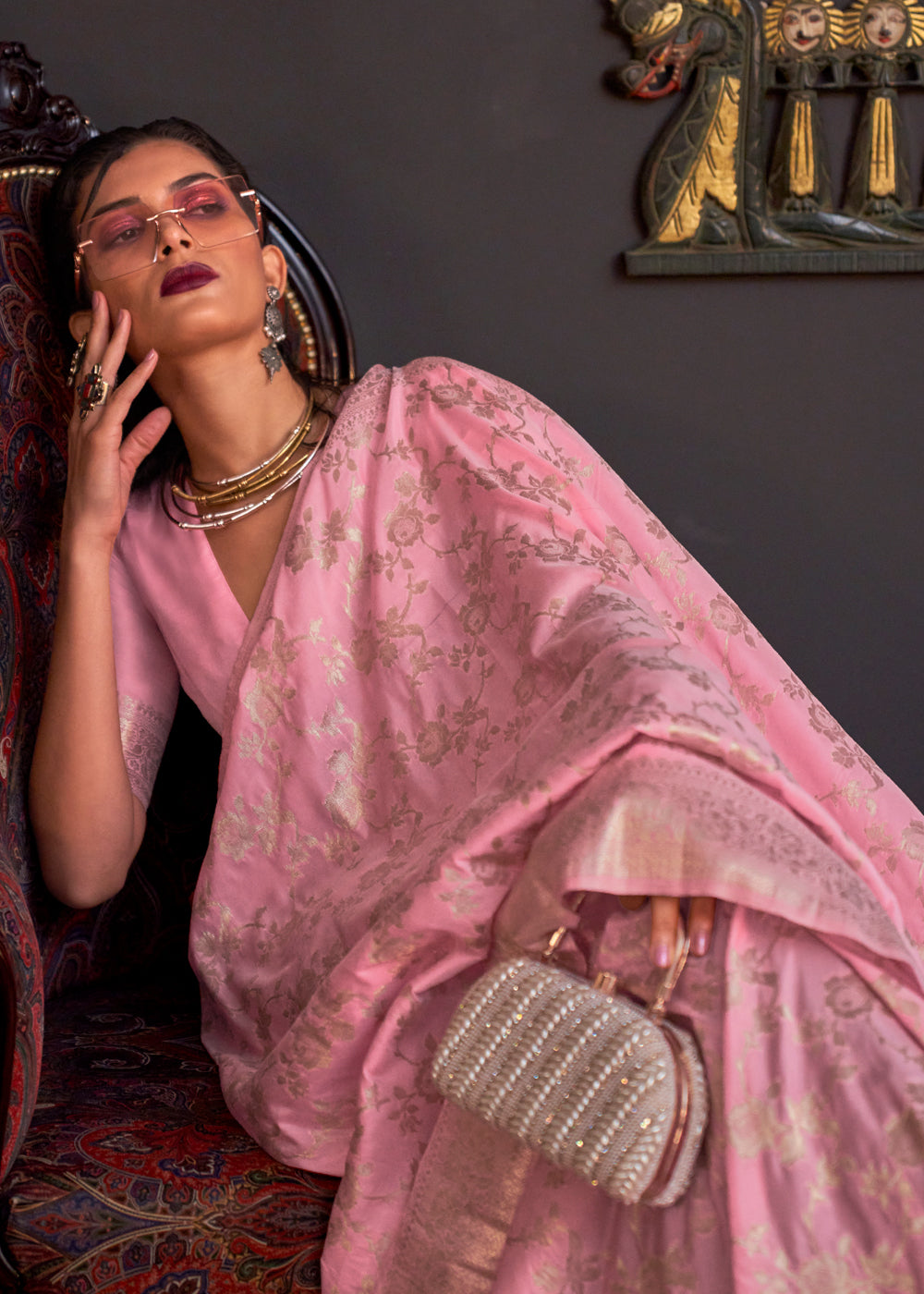 Buy MySilkLove Rose Fog Pink Banarasi Katan Silk Saree Online