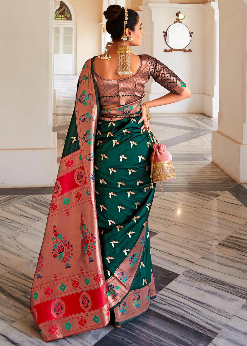Buy MySilkLove Palm Green and Pink Zari Woven Paithani Silk Saree Online