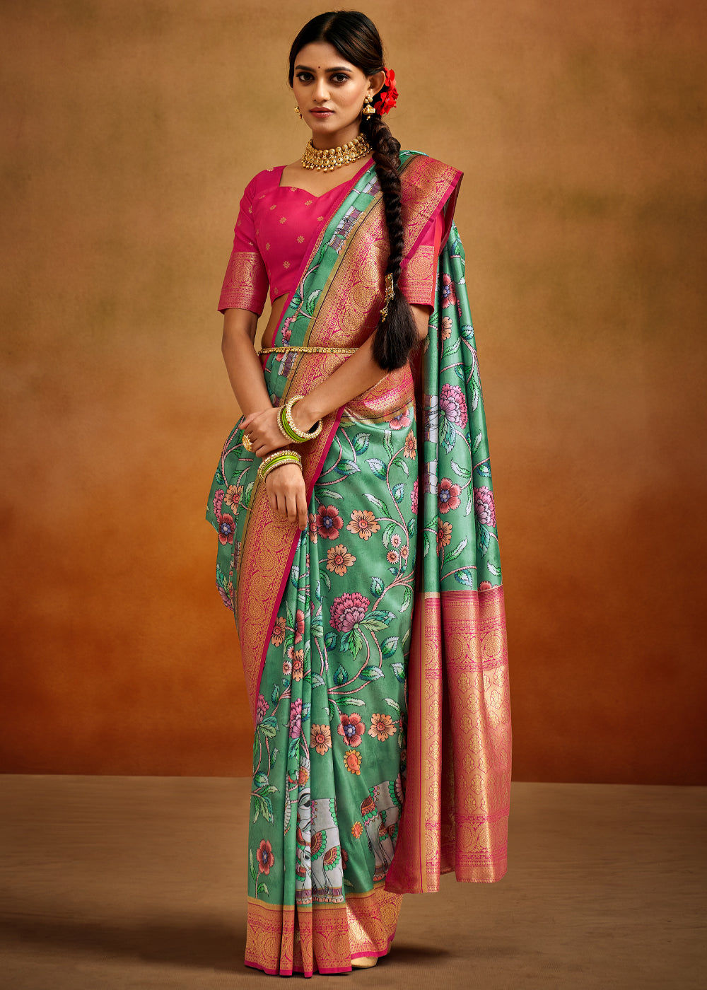Buy MySilkLove Laurel Green and Pink Woven Banarasi Kalamkari Silk Saree Online