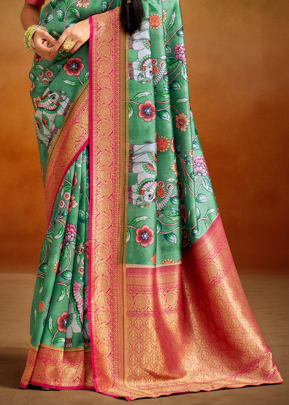 Buy MySilkLove Laurel Green and Pink Woven Banarasi Kalamkari Silk Saree Online