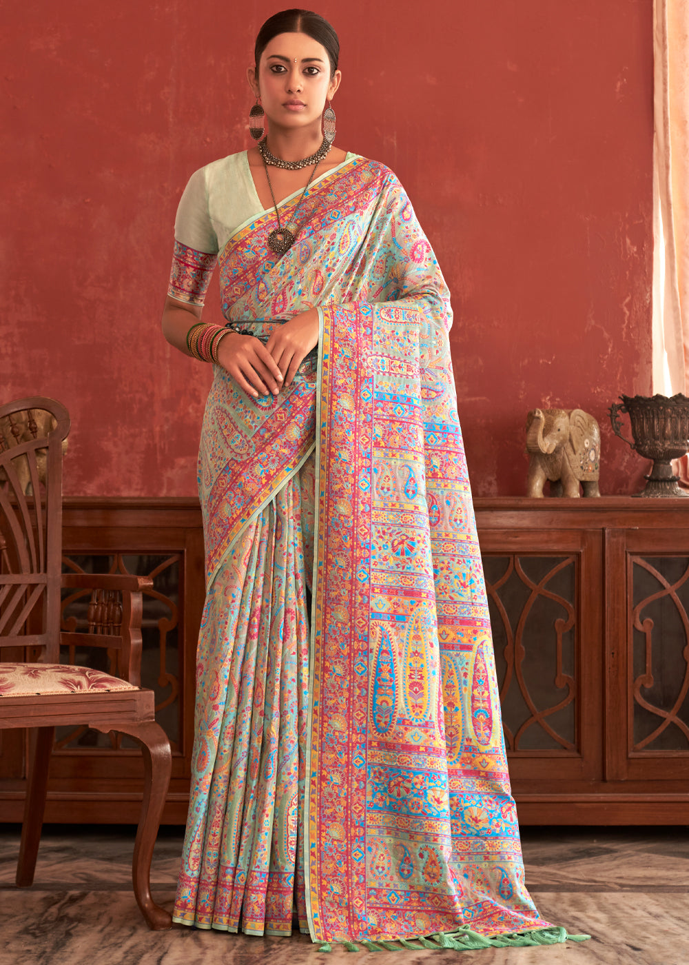 Buy MySilkLove Taupe Green Woven Kashmiri Jamewar Silk Saree Online