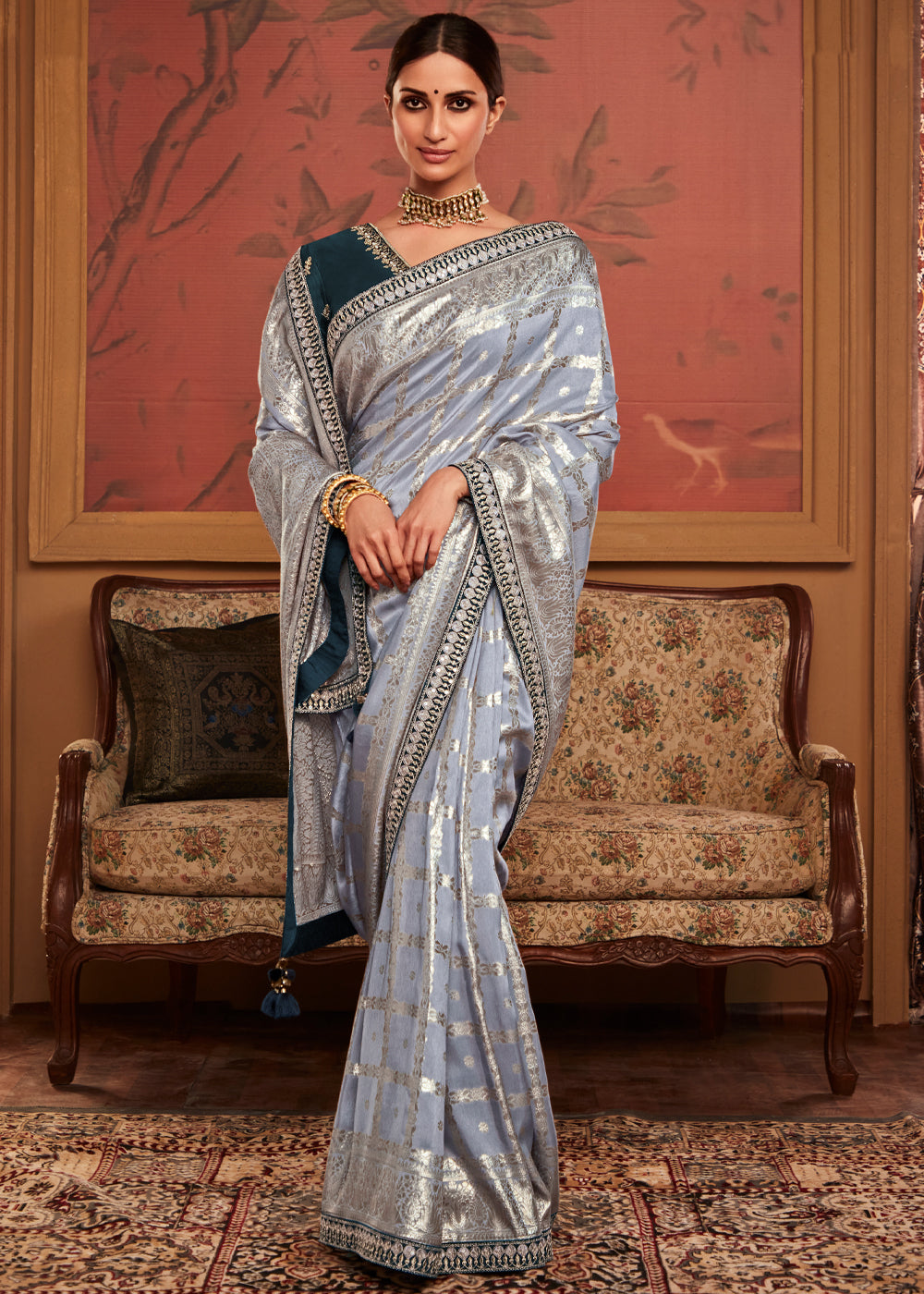 Buy Silver Grey Woven Banarasi Designer Silk Saree With