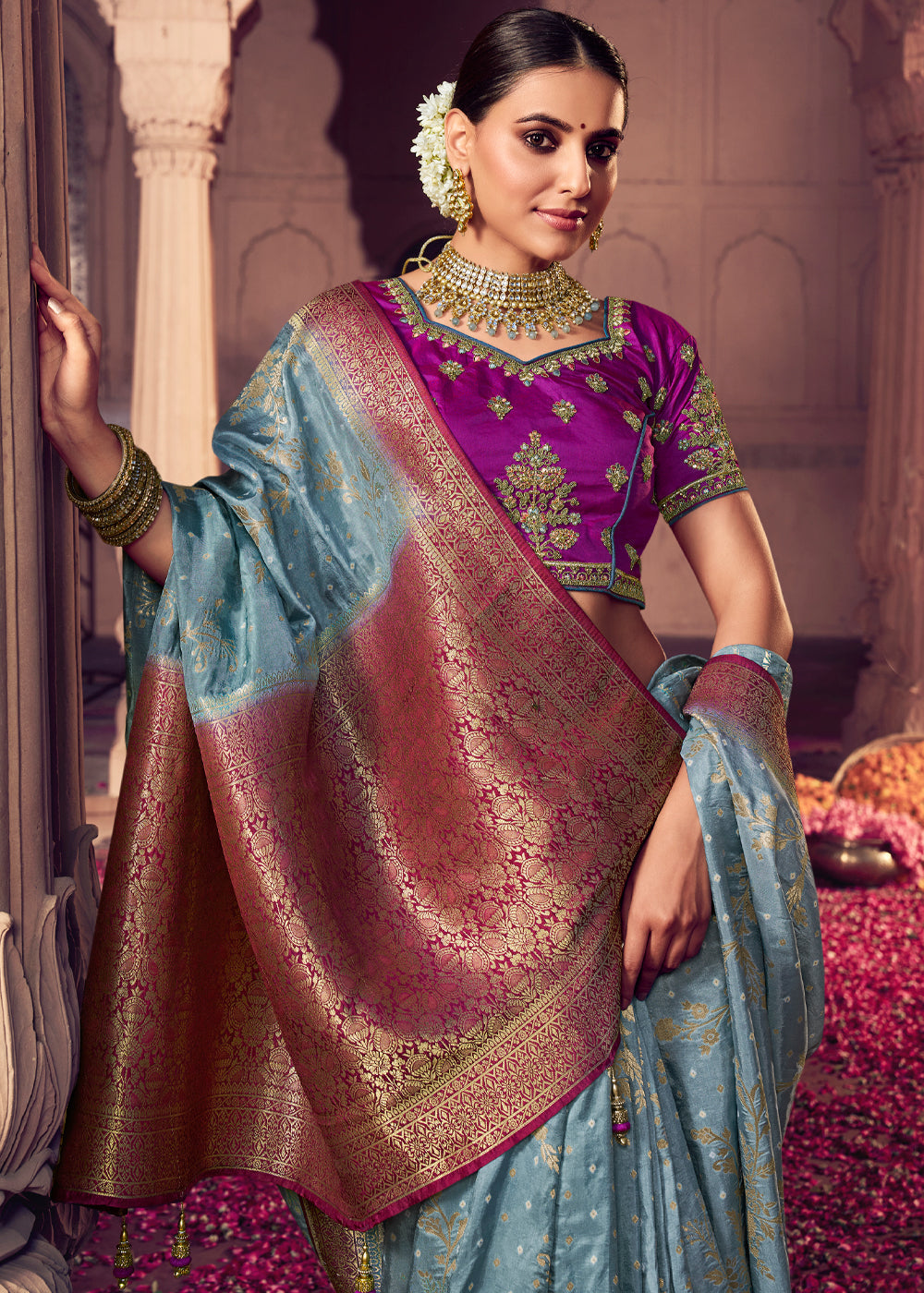 Buy MySilkLove Granny Smith Grey and Purple Zari Woven Designer Banarasi Saree Online