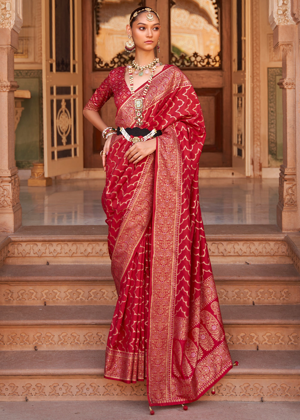 Buy MySilkLove Mojo Red Woven Banarasi Soft Silk Saree Online