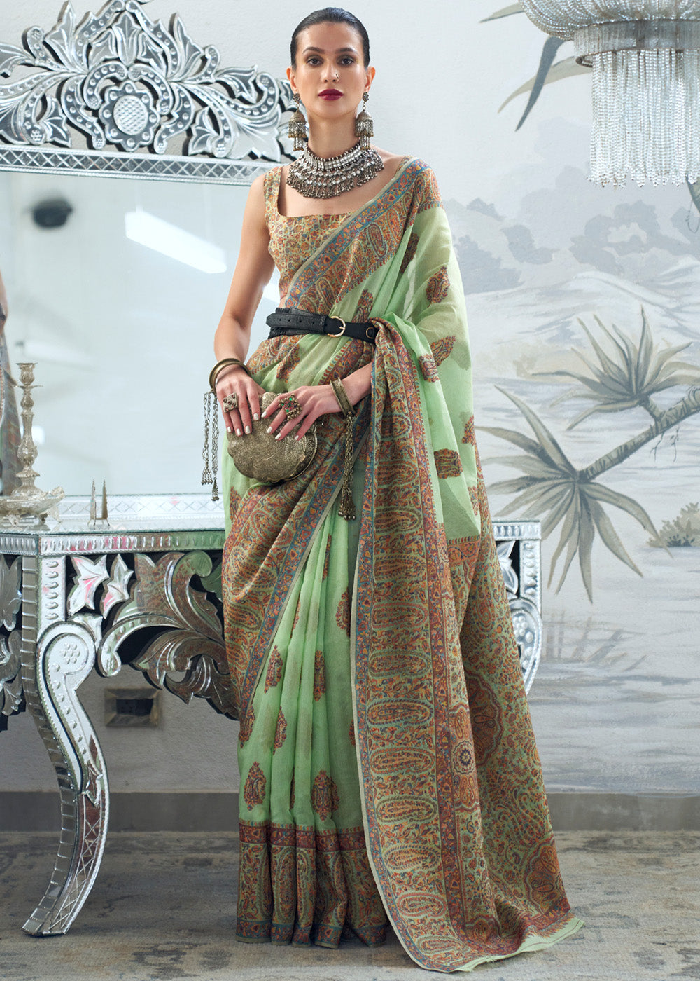 Buy MySilkLove Glade Green Handloom Pure Kashmiri Jamawar Saree Online