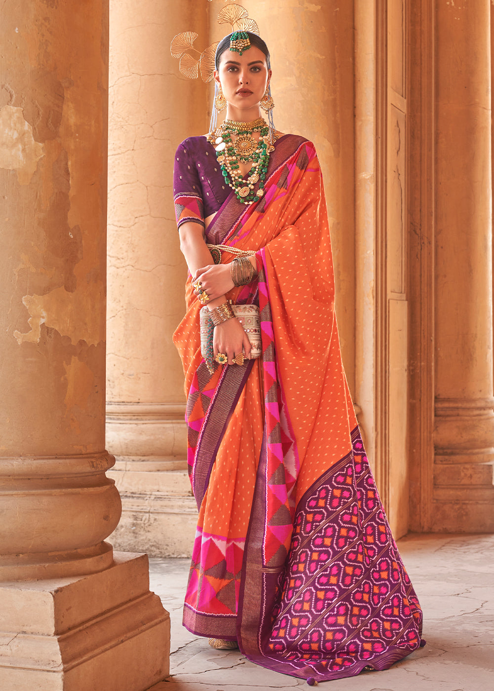 Buy MySilkLove Salmon Orange Designer Printed Patola Silk Saree Online