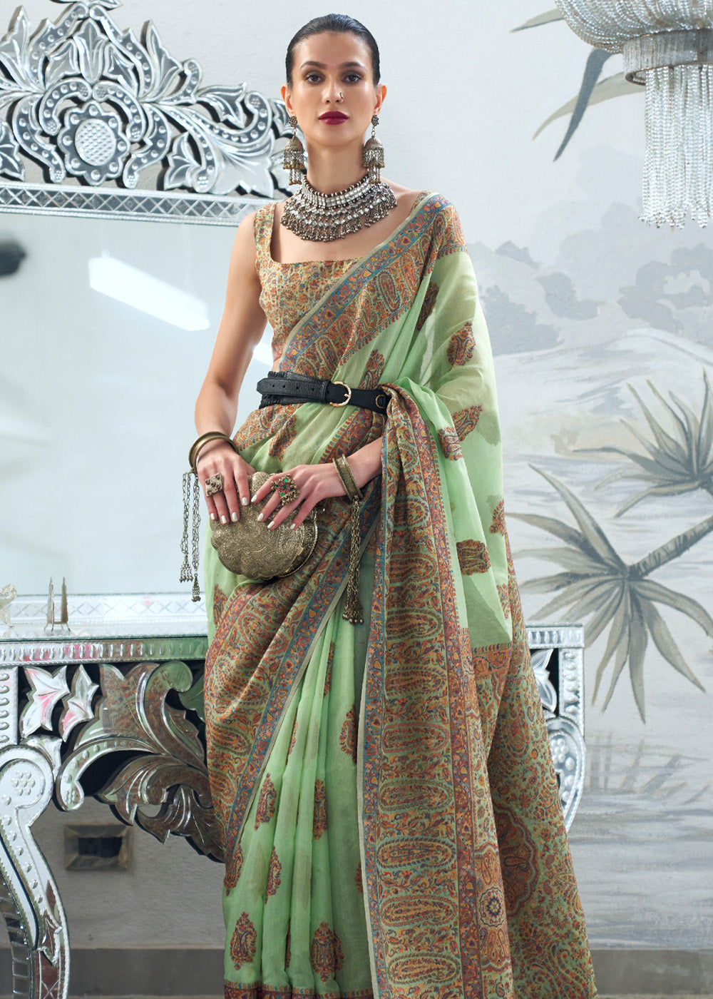 Buy MySilkLove Glade Green Handloom Pure Kashmiri Jamawar Saree Online