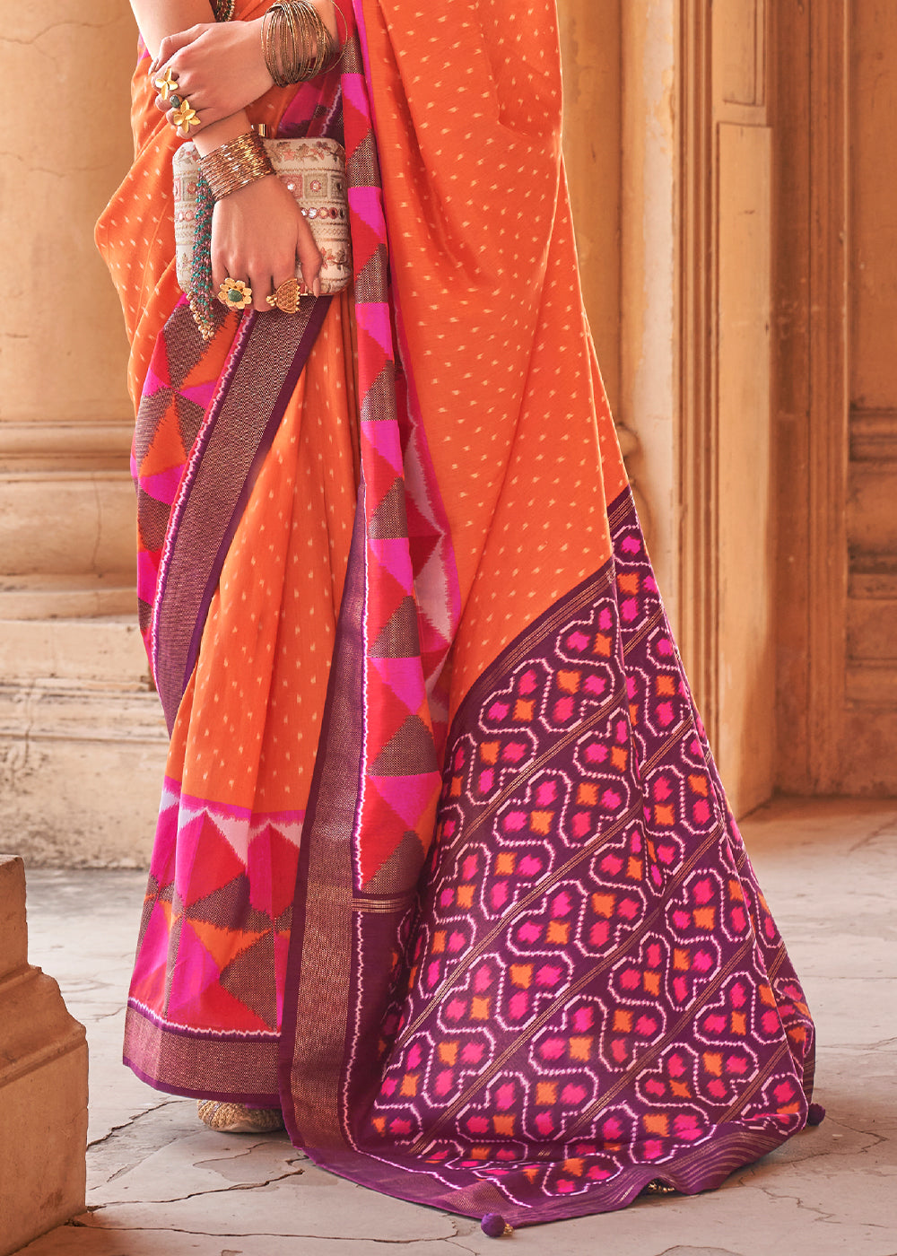Buy MySilkLove Salmon Orange Designer Printed Patola Silk Saree Online