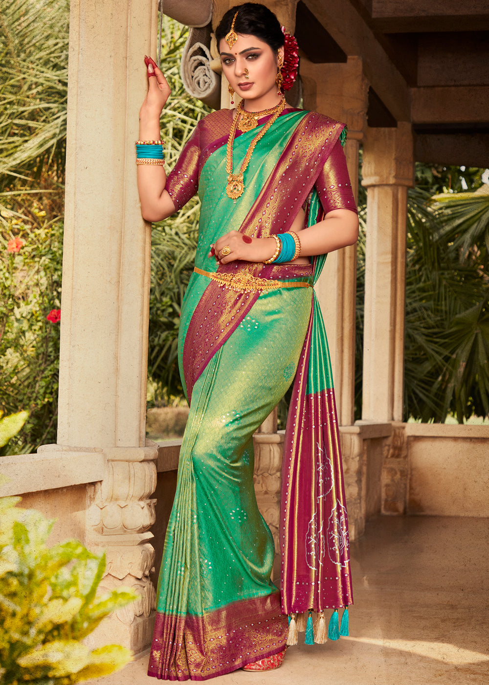 Buy MySilkLove Forest Green and Maroon Woven Kanjivaram Silk Saree Online