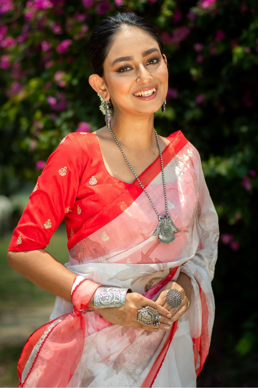 Buy MySilkLove Cloudy Grey and Red Floral Design Organza Printed Saree Online