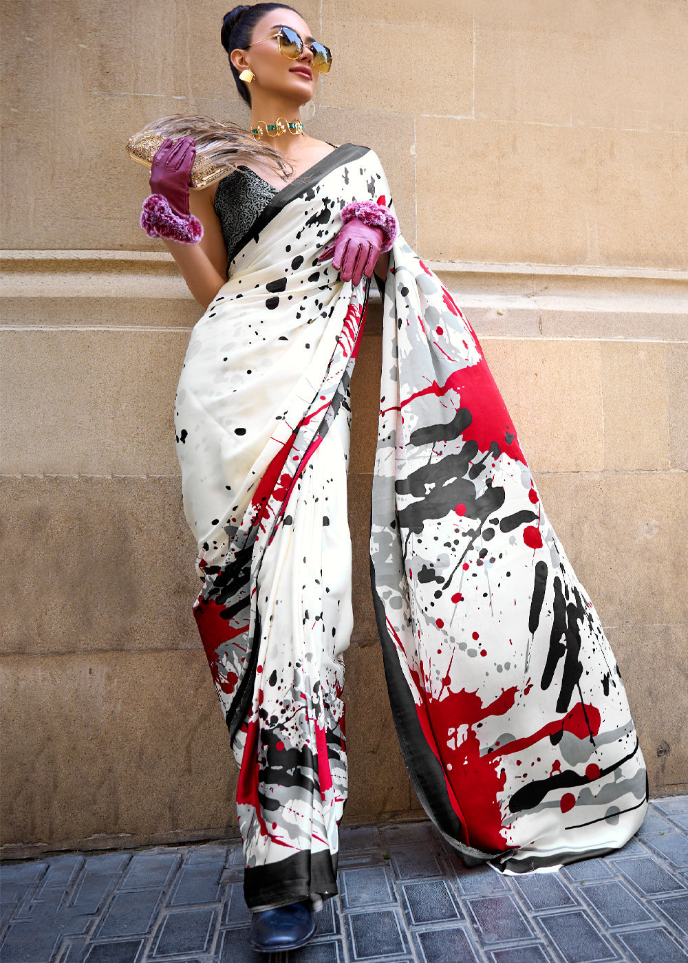 Buy MySilkLove Black White Printed Satin Crepe Sarees Online