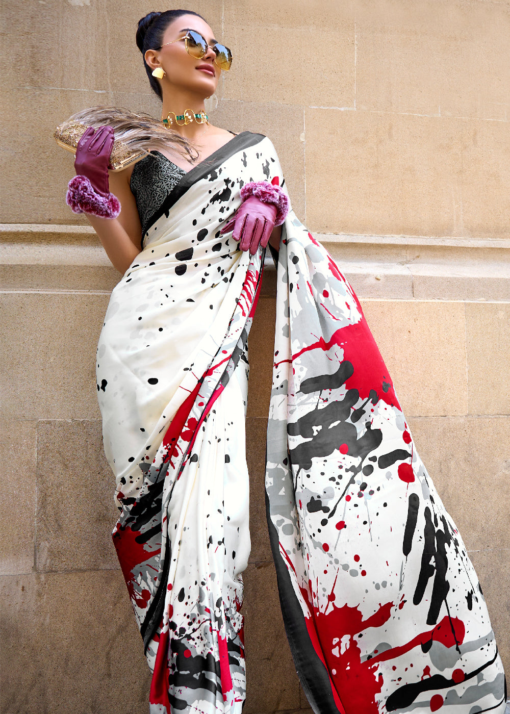 MySilkLove Black White Printed Satin Crepe Sarees