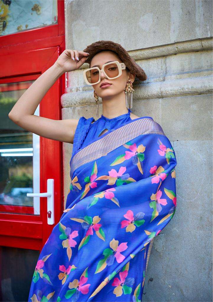 Buy MySilkLove Havelock Blue Organza Printed Satin Silk Saree Online