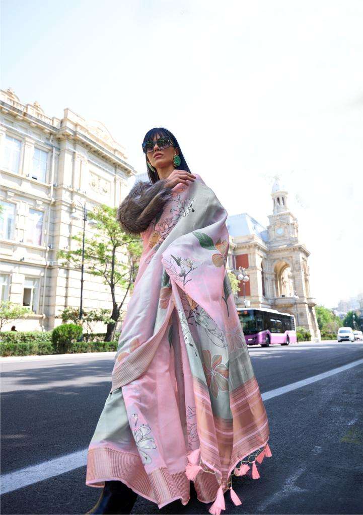 Buy MySilkLove Link Water Blue and Pink Organza Printed Satin Silk Saree Online