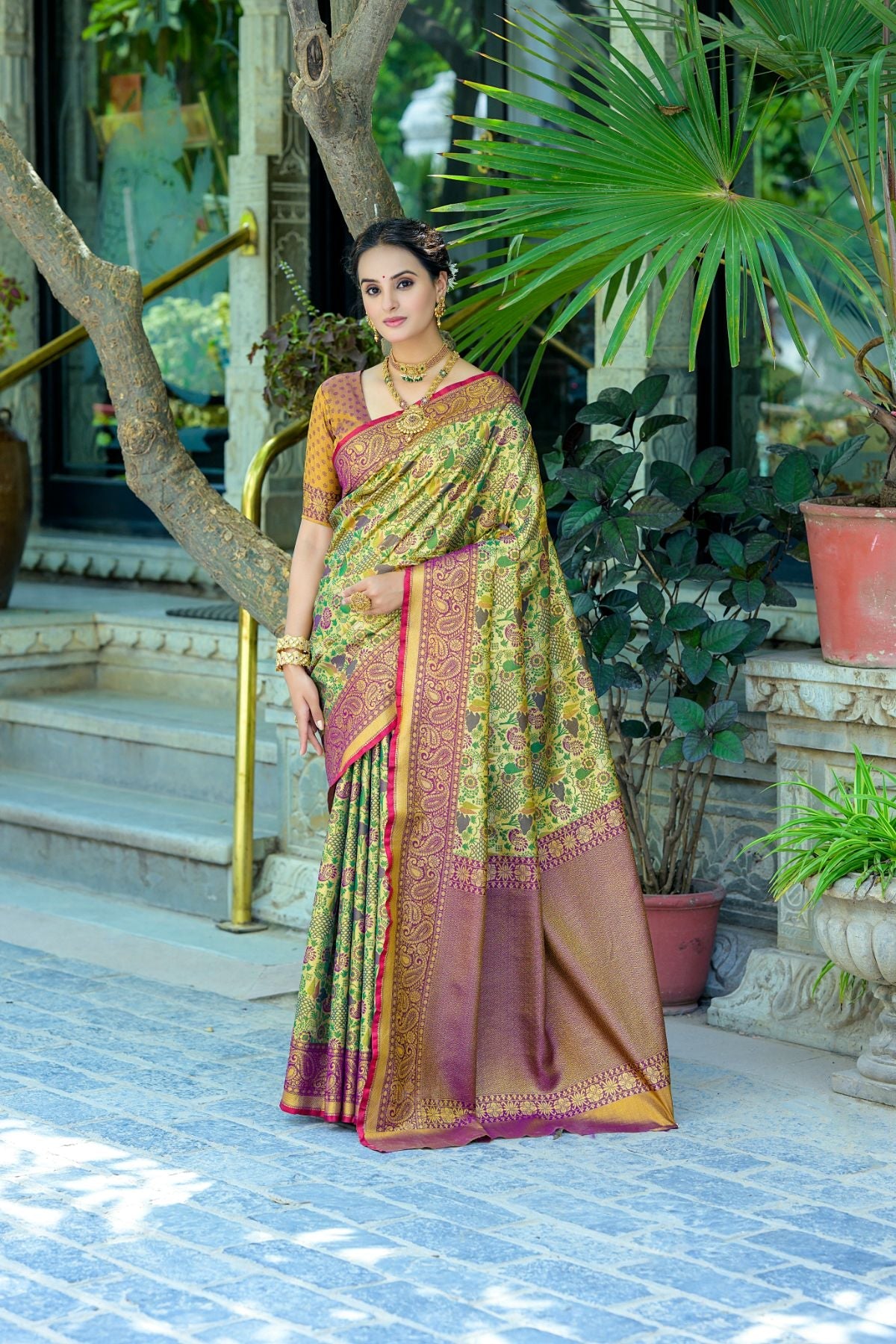 Buy MySilkLove Yellow Oleander and Purple Woven Kanjivaram Saree Online