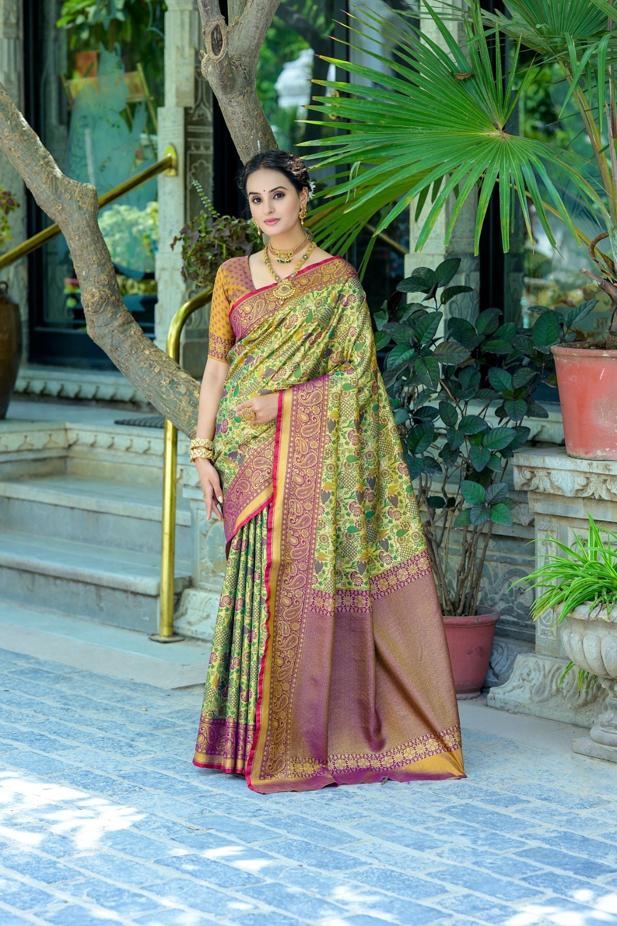 MySilkLove Yellow Oleander and Purple Woven Kanjivaram Saree