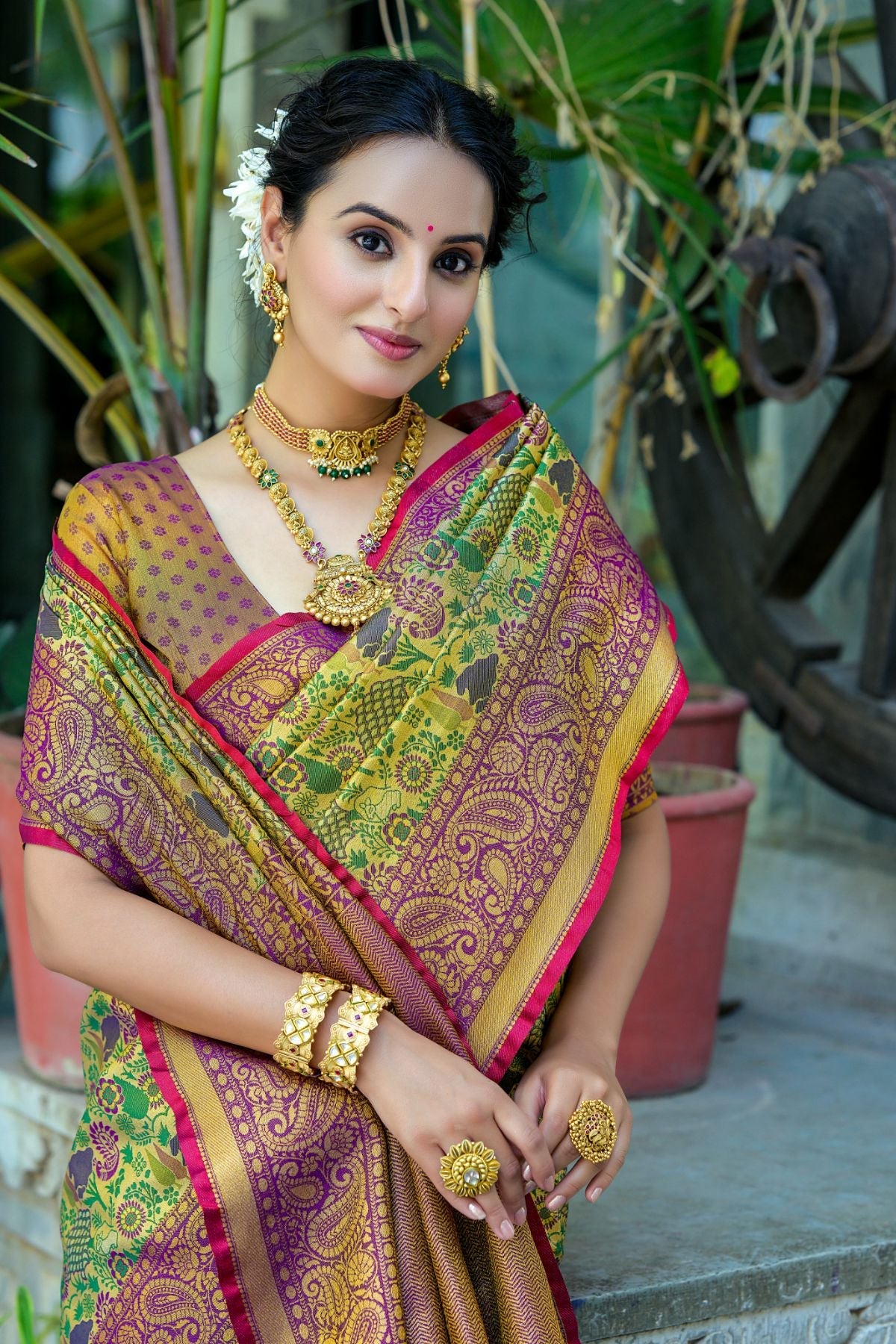 Buy MySilkLove Yellow Oleander and Purple Woven Kanjivaram Saree Online