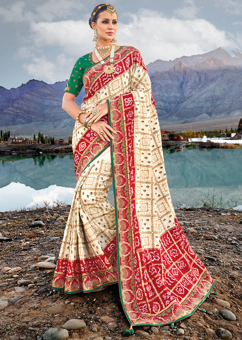 Buy MySilkLove Wheat Cream and Red Designer Bandej Banarasi Silk Saree Online