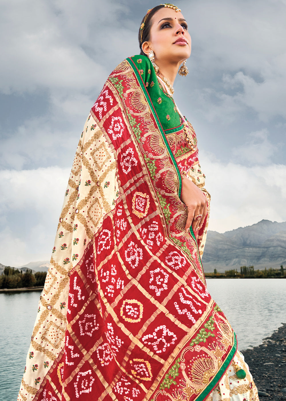 Buy MySilkLove Wheat Cream and Red Designer Bandej Banarasi Silk Saree Online