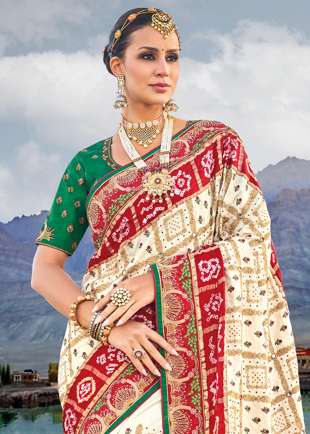 Buy MySilkLove Wheat Cream and Red Designer Bandej Banarasi Silk Saree Online