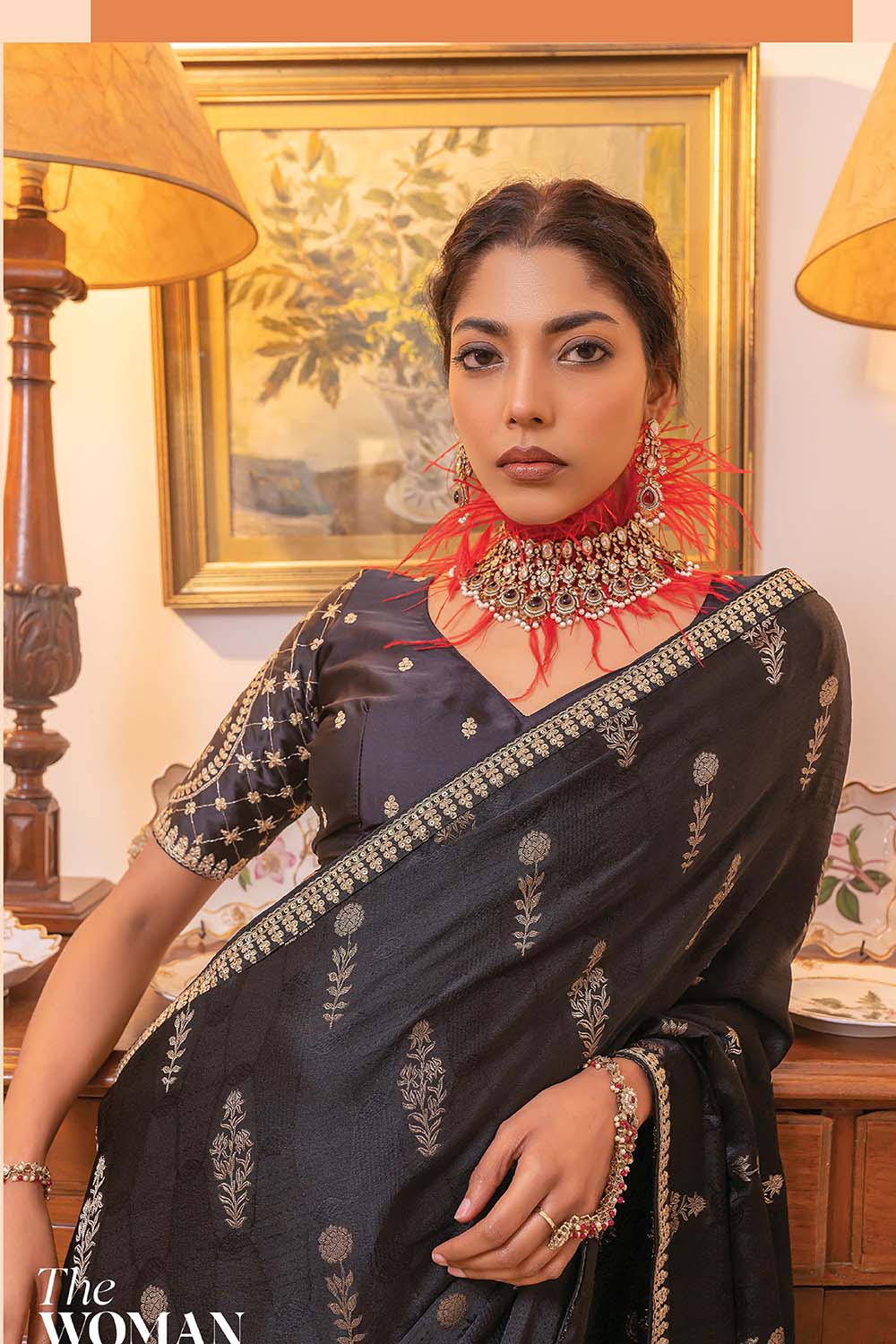 MySilkLove Woody Black Satin Saree with Embroidered Blouse