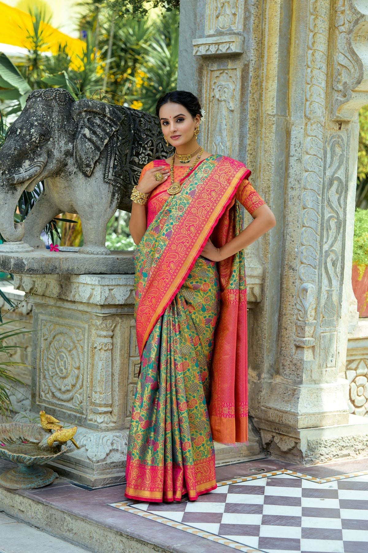 MySilkLove Kelly Green and Pink Woven Kanjivaram Saree