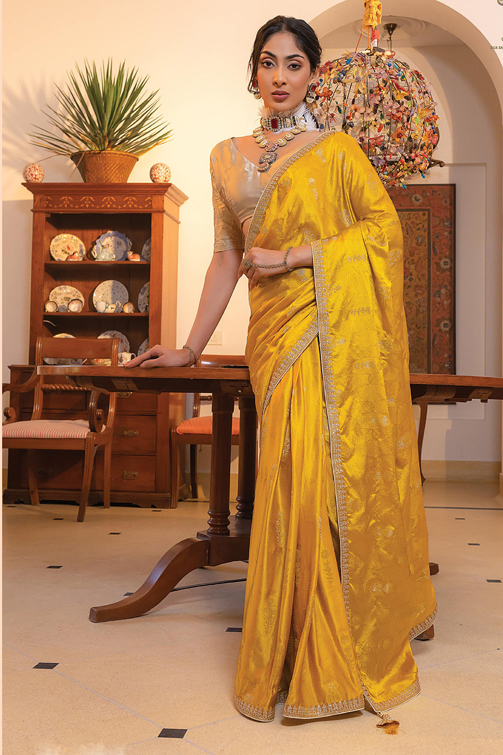 Buy MySilkLove Fuel Yellow Satin Saree with Embroidered Blouse Online