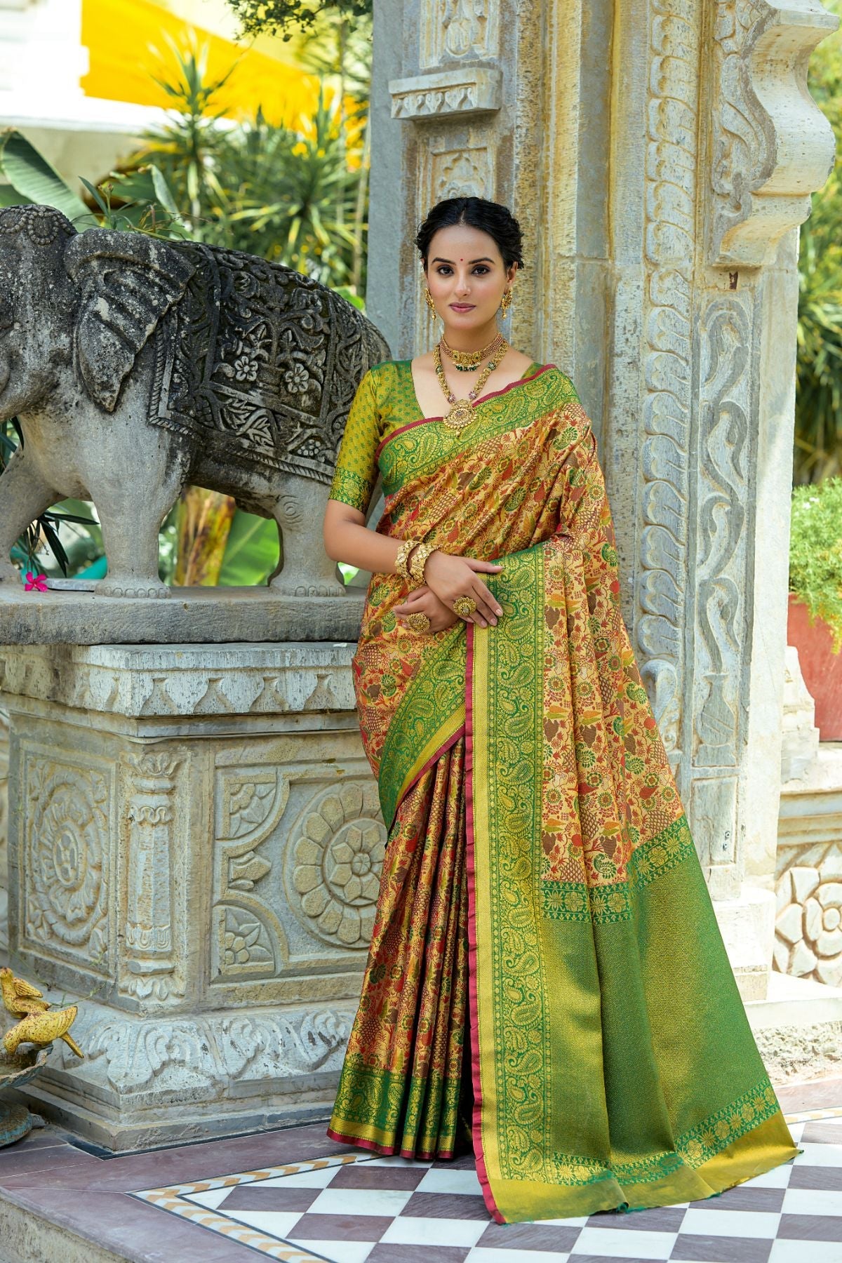 Buy MySilkLove Lady's Mantle Yellow and Green Woven Kanjivaram Saree Online