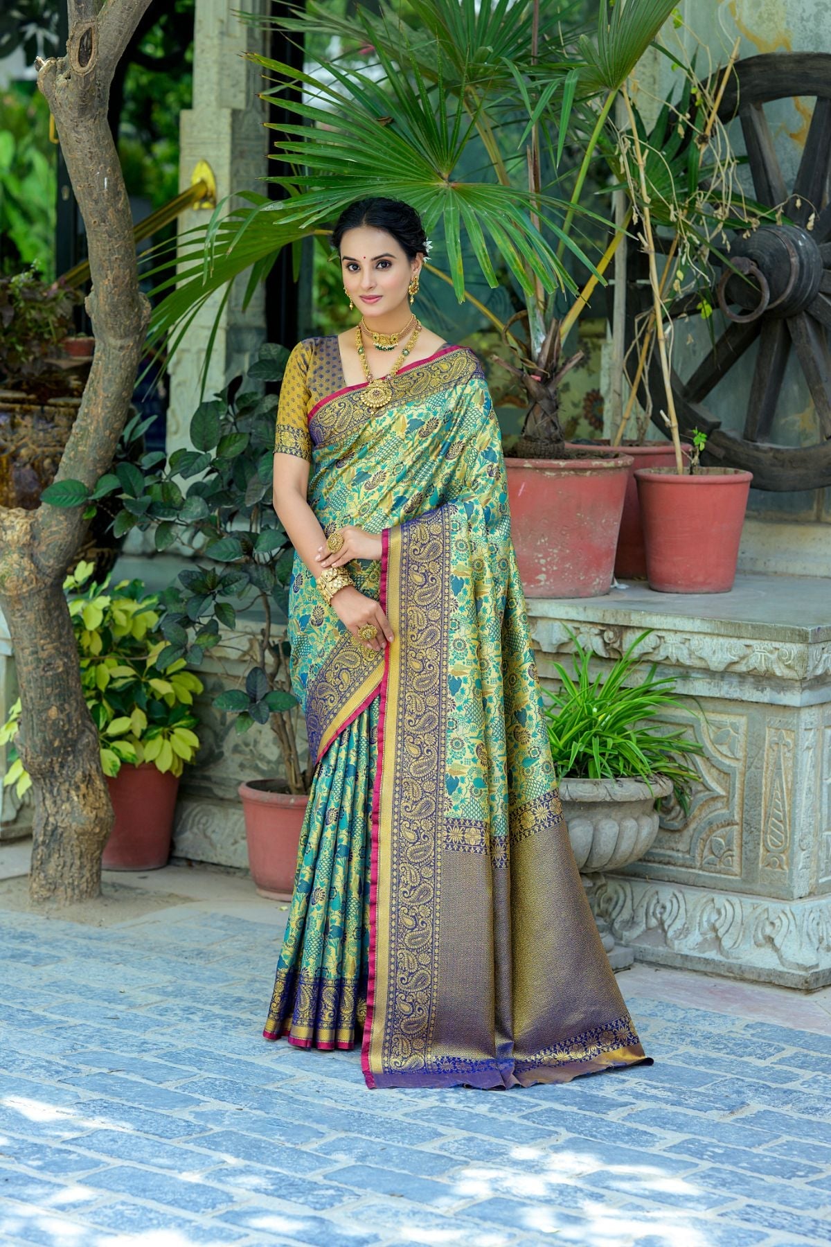 Buy MySilkLove Shine Blue and Green Woven Kanjivaram Saree Online