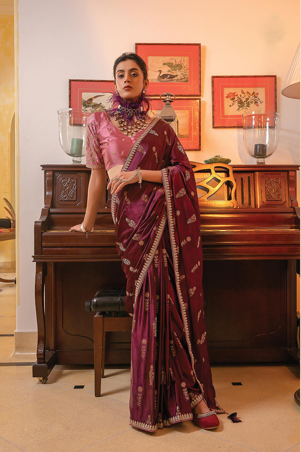 Women's Satin Maroon Printed Designer Saree With Blouse Piece