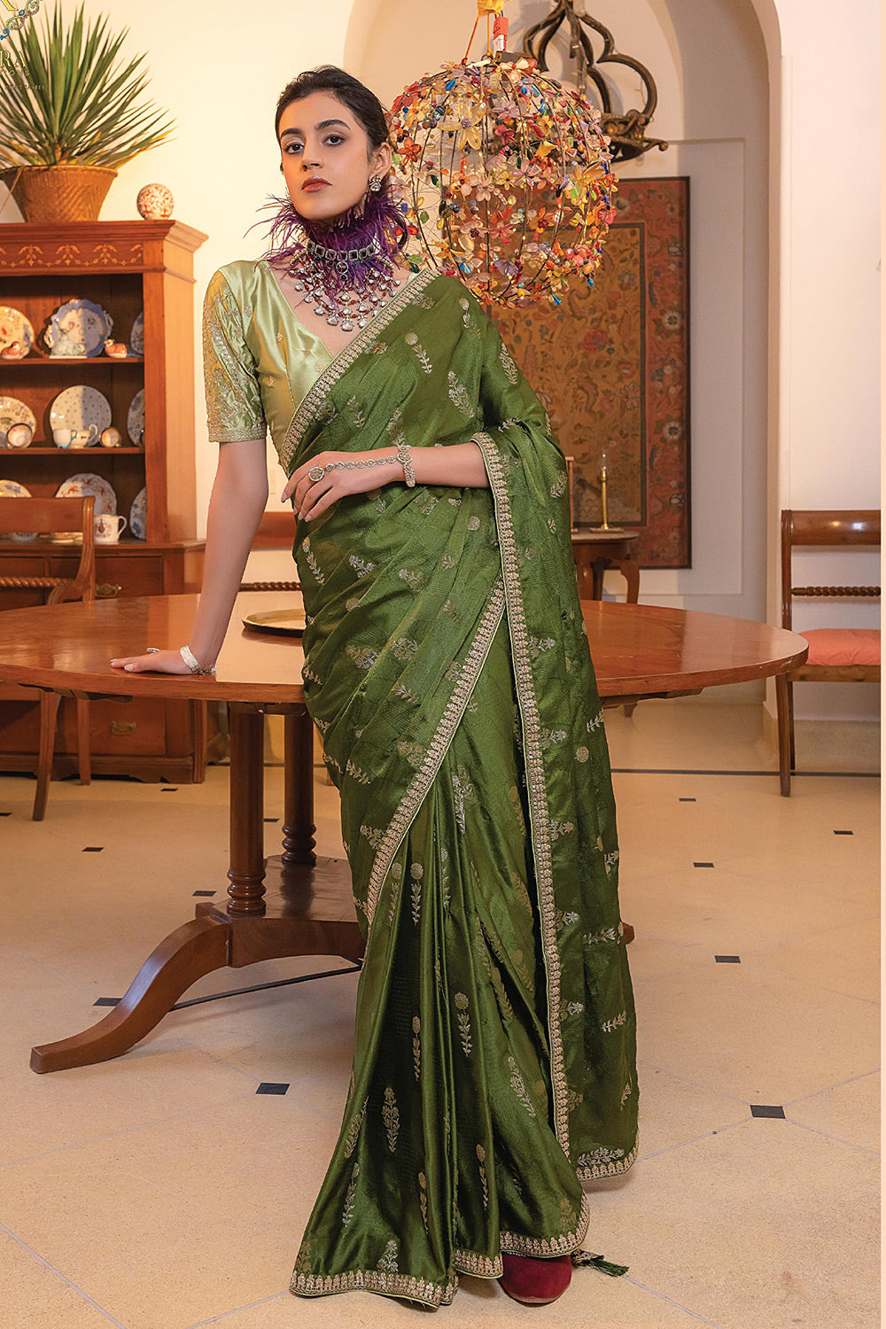 Buy MySilkLove Verdigris Green Satin Saree with Embroidered Blouse Online