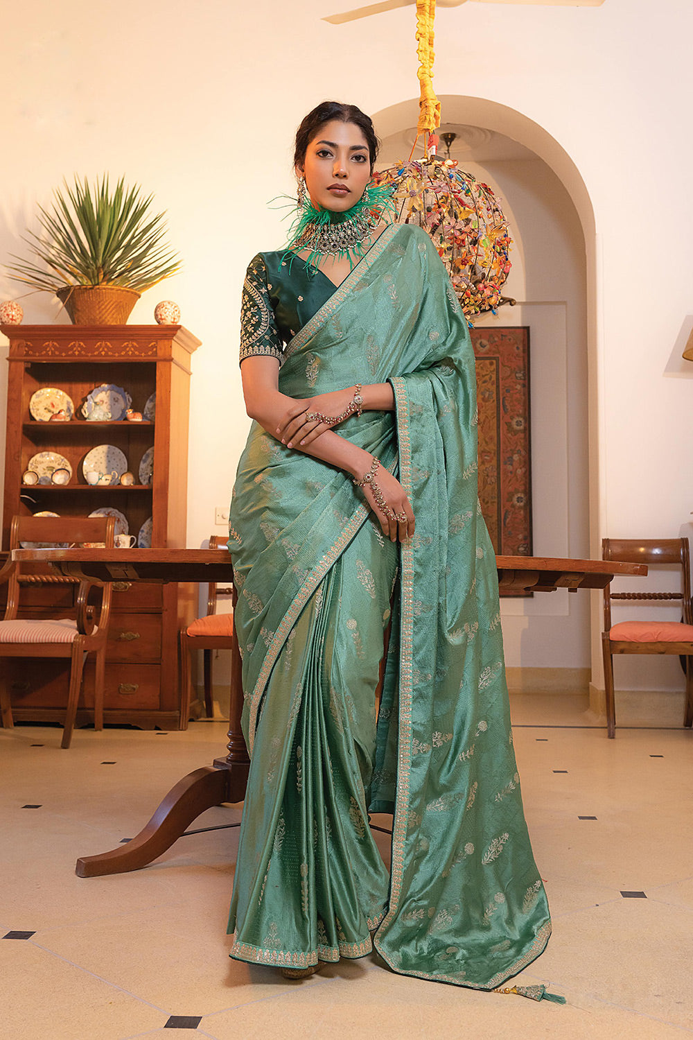 Buy MySilkLove Oxley Green Satin Saree with Embroidered Blouse Online