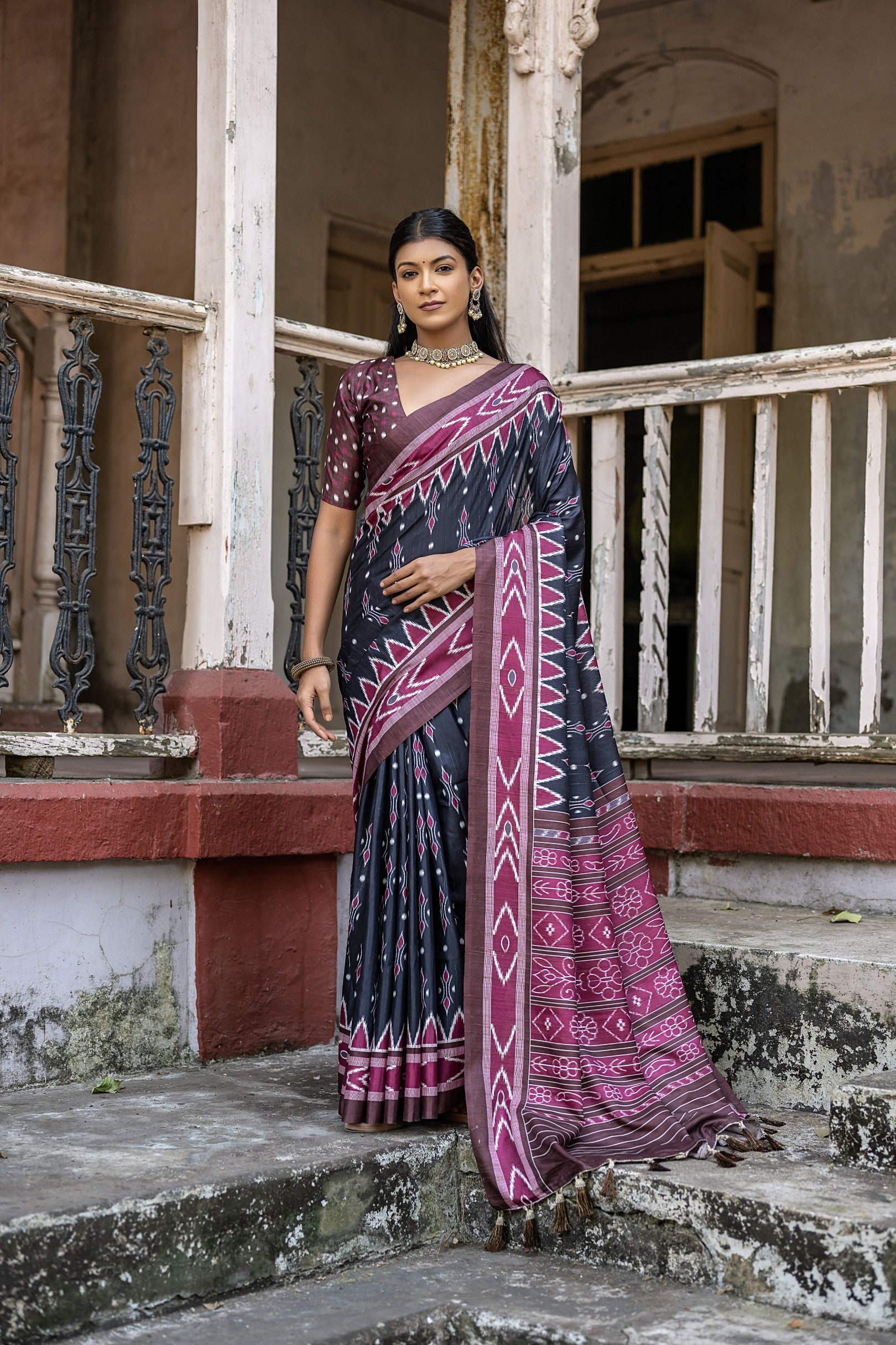 Buy Charade Black Ikkat Printed Cotton Silk Saree Online MySilkLove