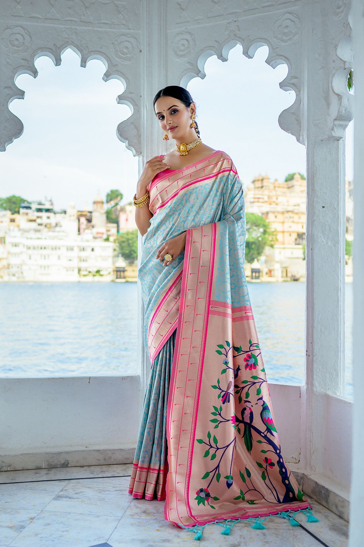 Buy MySilkLove Cadet Blue Woven Paithani Saree Online