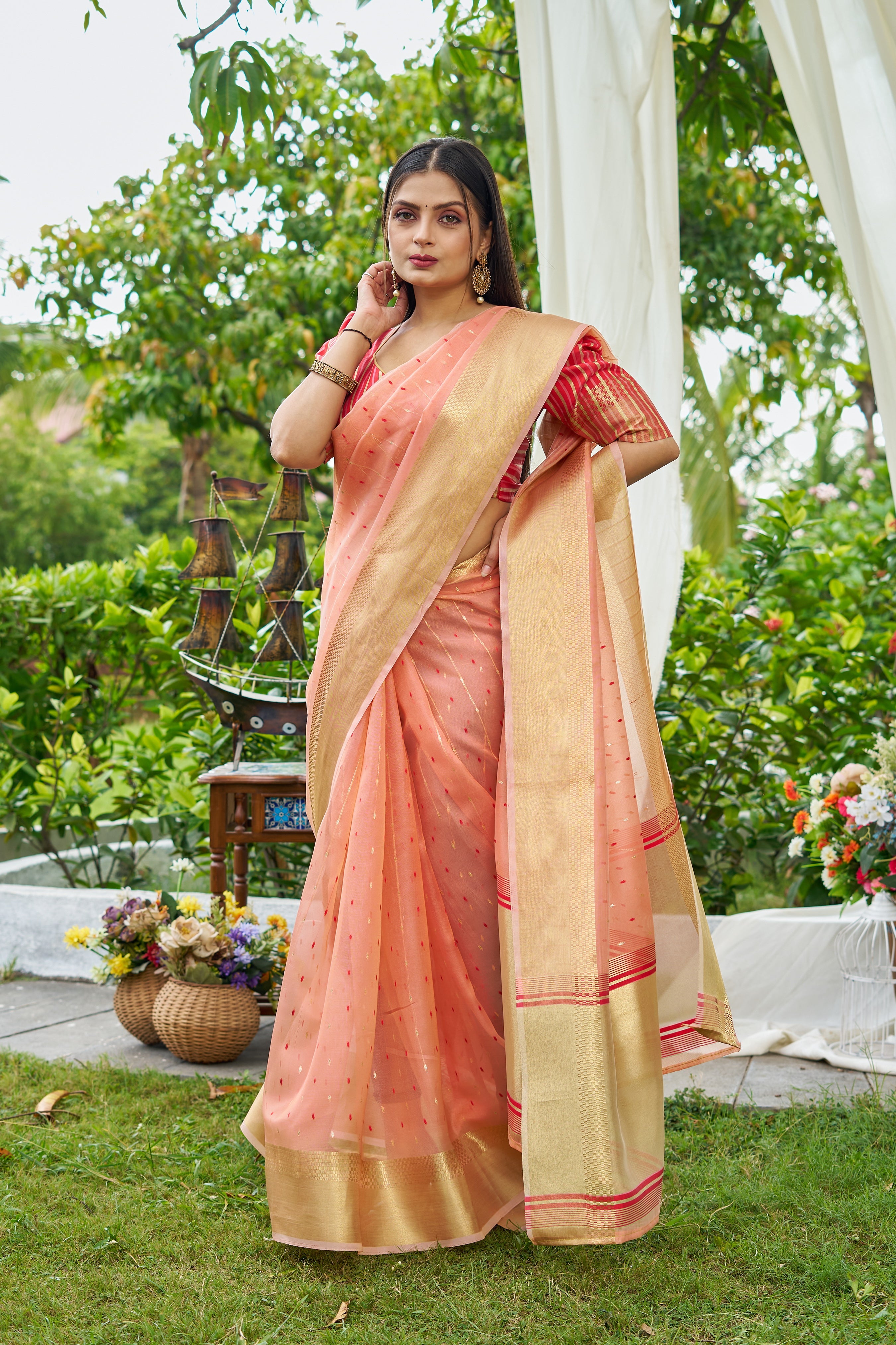Buy MySilkLove Plum Peach Woven Shimmer Silk Saree Online