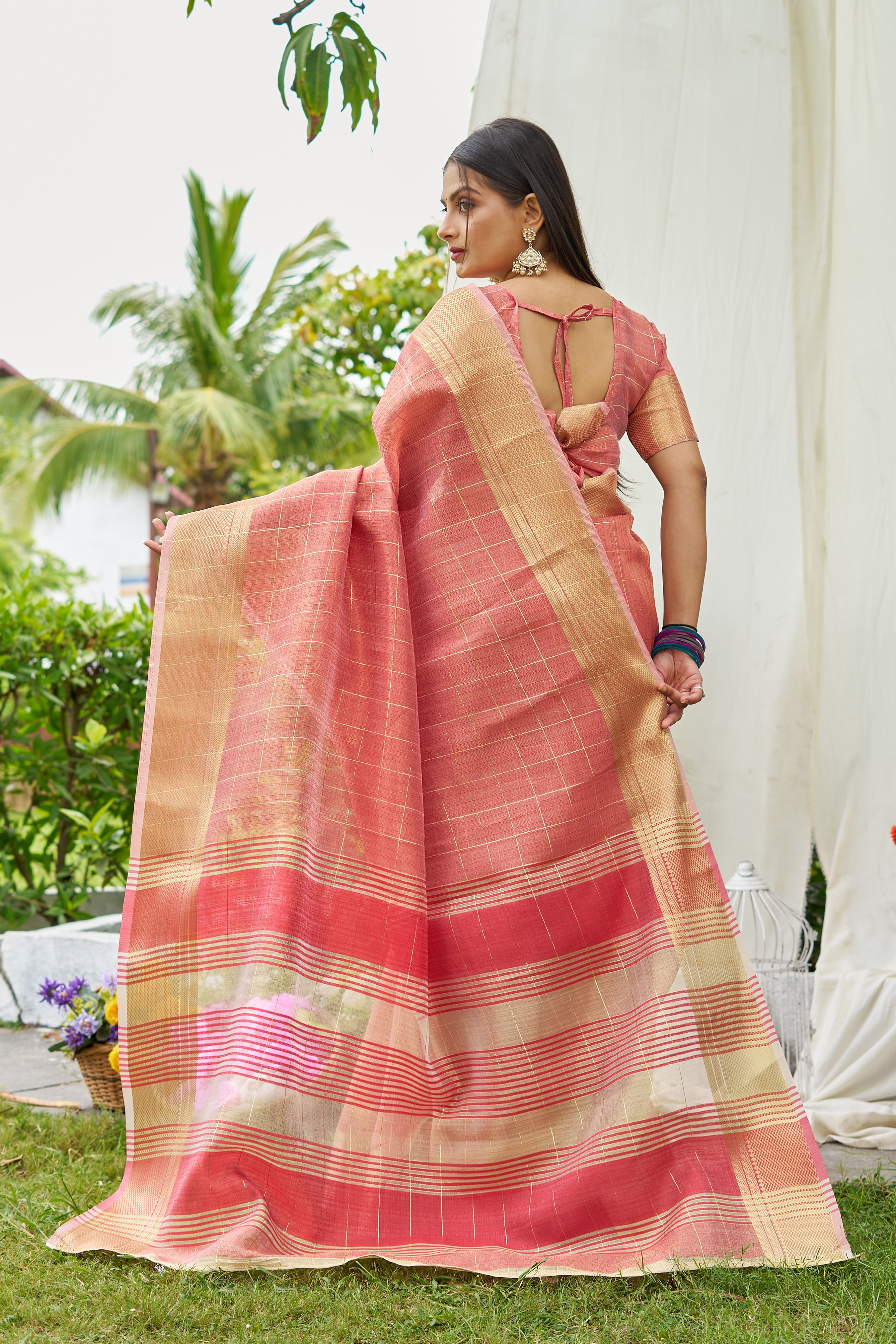 Buy MySilkLove Salmon Peach Tissue Woven Saree Online