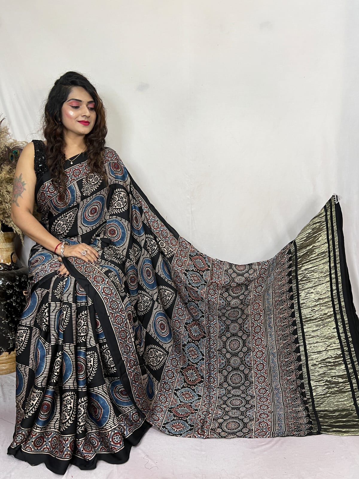 Buy MySilkLove Cloudy Grey and Black Ajrakh Modal Handblock Printed Silk Saree Online