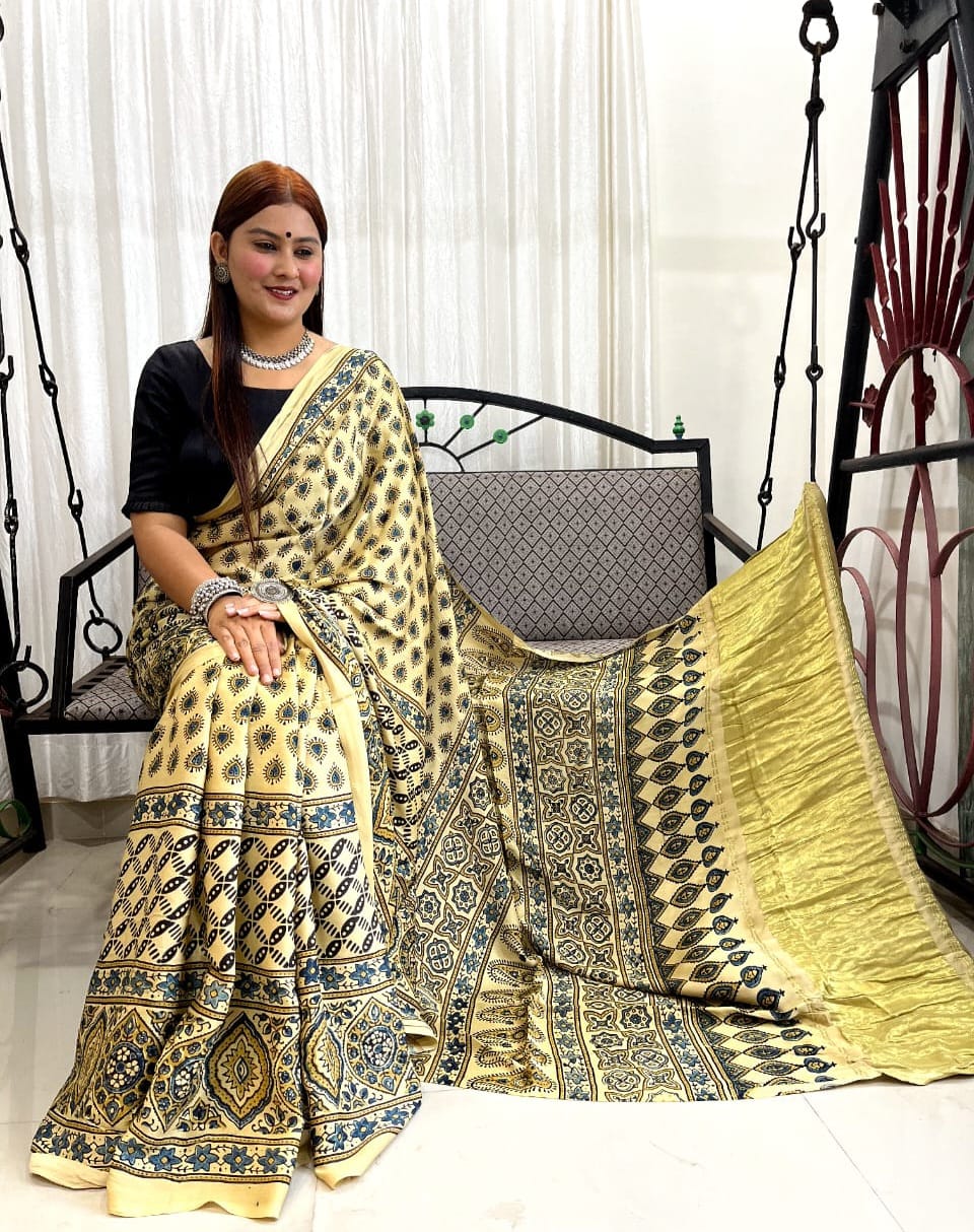 Buy MySilkLove Laser Yellow Ajrakh Modal Handblock Printed Silk Saree Online