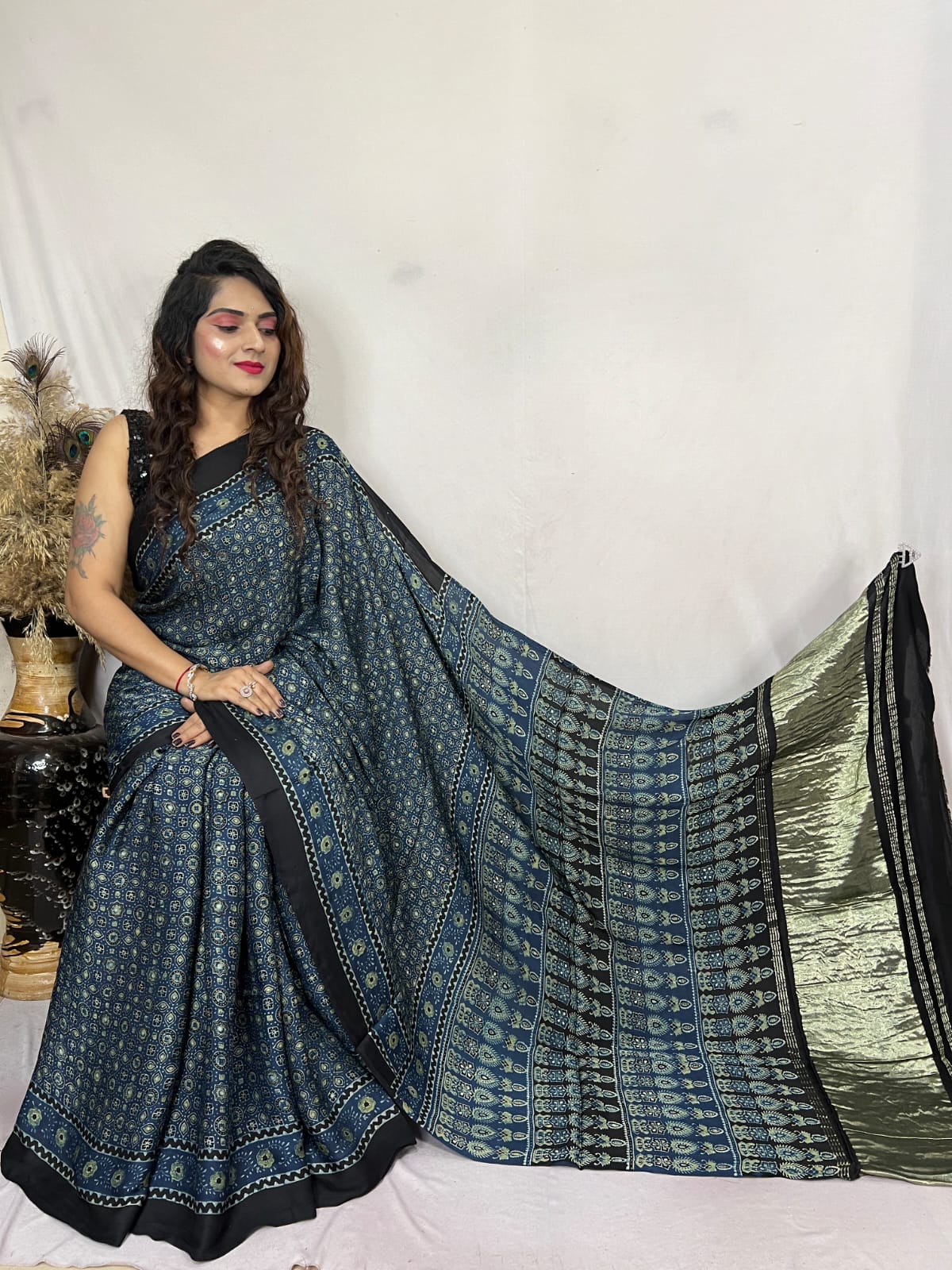 Buy MySilkLove Rhino Blue Ajrakh Modal Handblock Printed Silk Saree Online