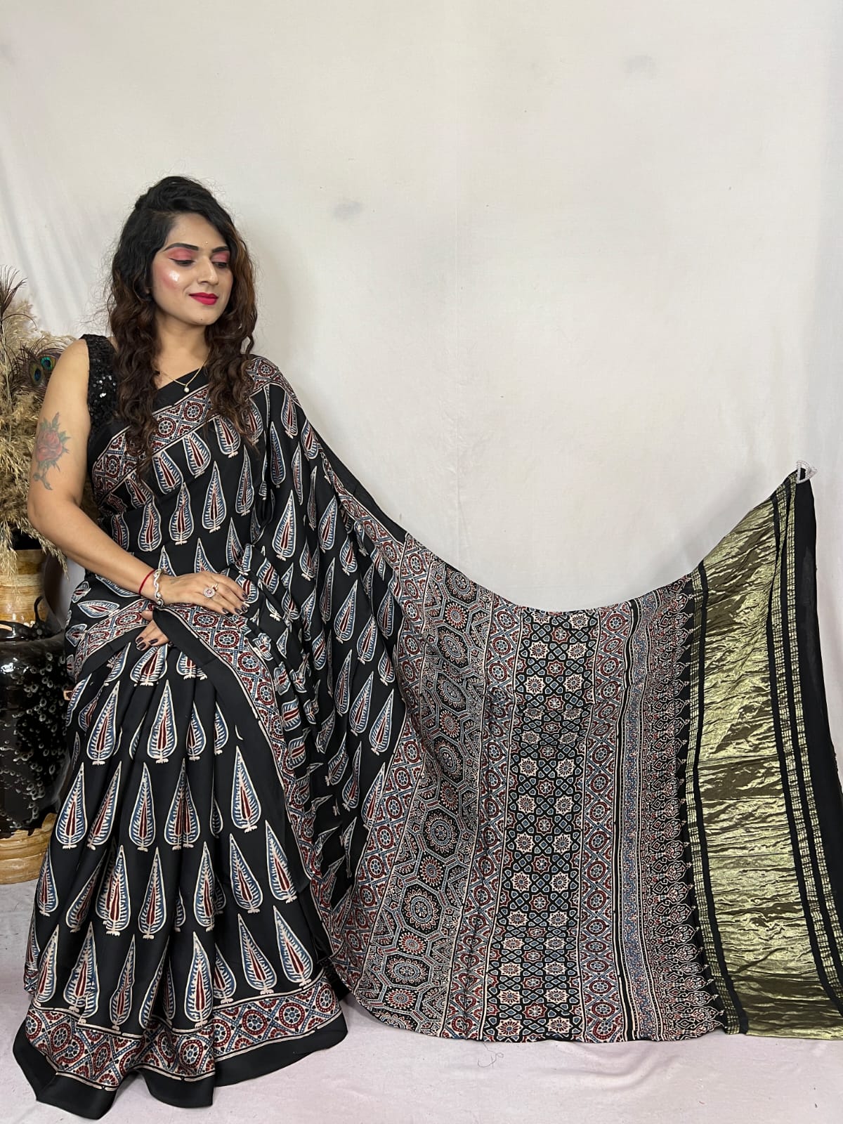 Buy MySilkLove Coral Black Ajrakh Modal Handblock Printed Silk Saree Online